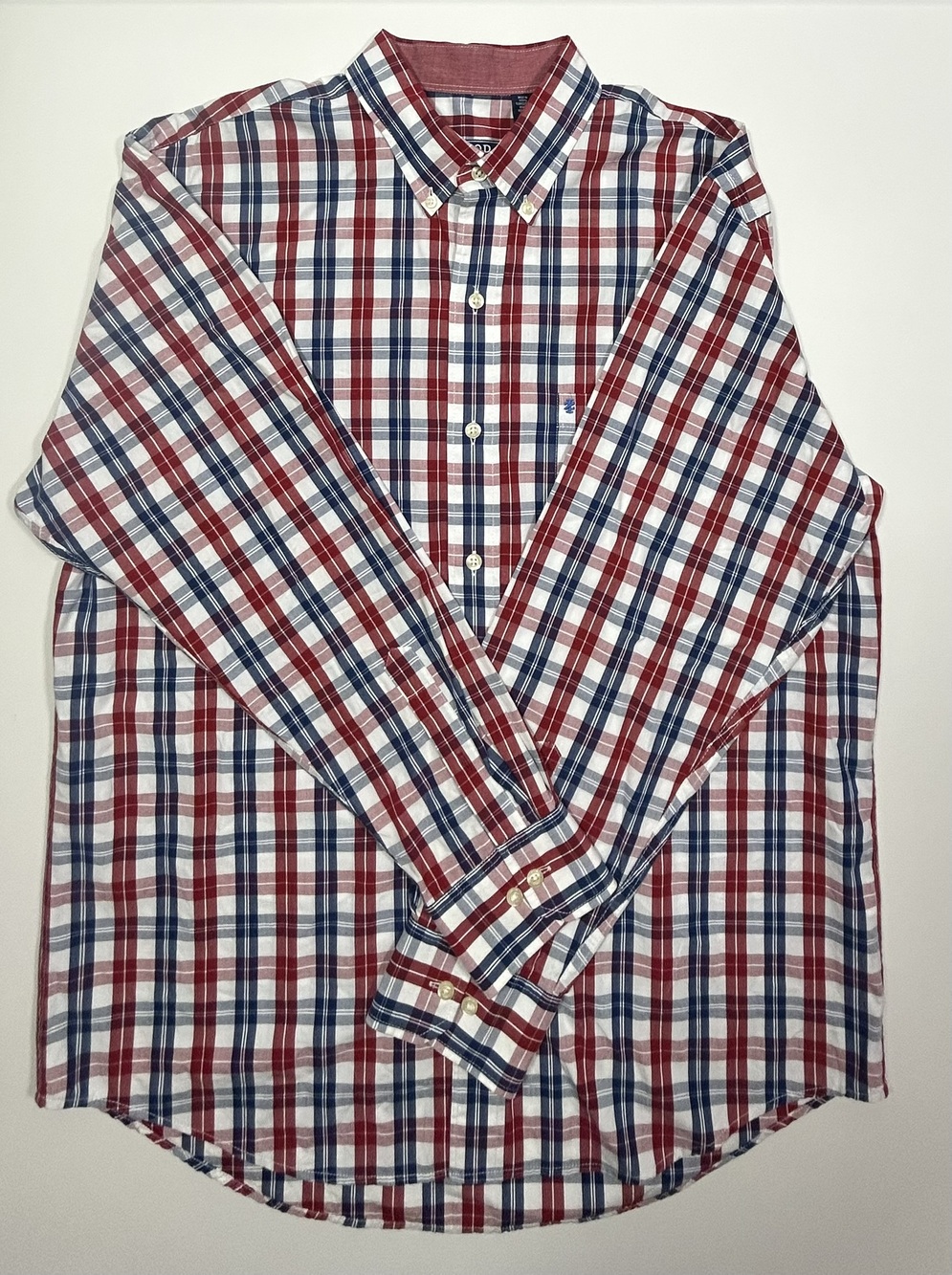 Izod Red White Blue Plaid Button-Down Long Sleeve Shirt Size L